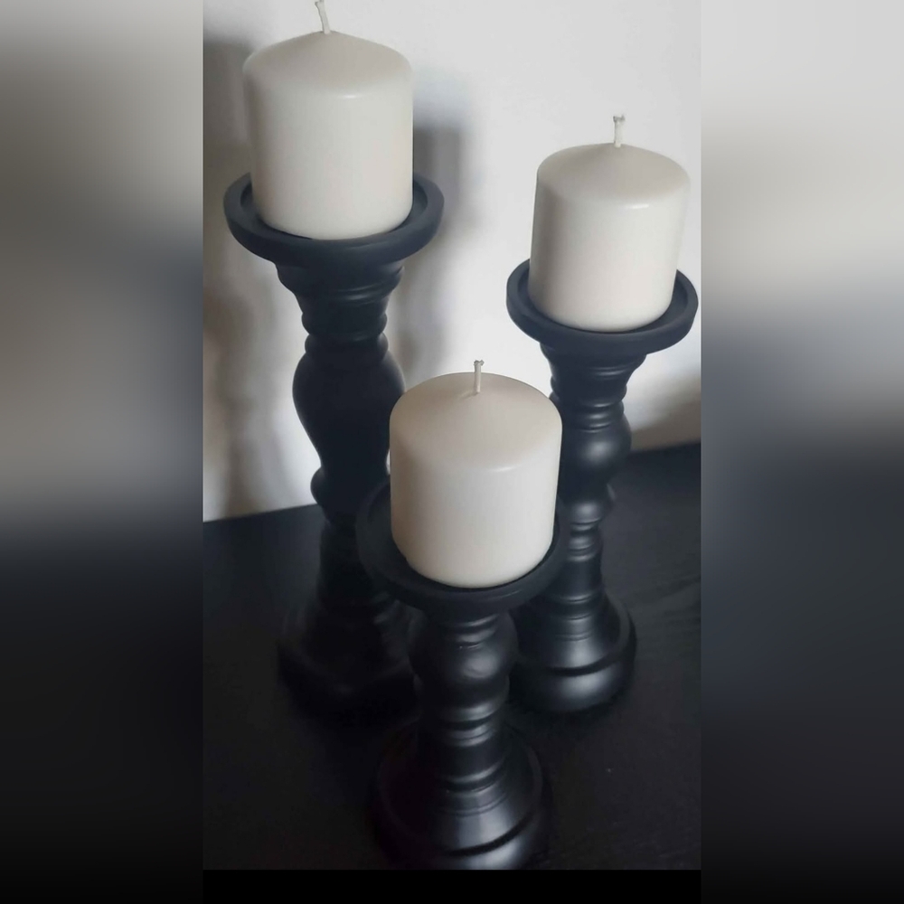 Set Of Three Black Pillar Candle Holders With Three Ivory Pillar Candles